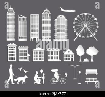 Ensemble d'éléments isolés de ville de papier avec silhouettes de personnes parc arbres maisons gratte-ciel et illustration de vecteur d'avion Illustration de Vecteur