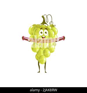 Mascotte de raisin heureux avec expandeur. Adorable personnage de fruit mûr faisant de l'exercice de forme physique, vecteur heureux sourire raisins mascotte entraînement avec élastique bande. Comic fruit personnage aller un mode de vie sain Illustration de Vecteur