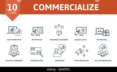 Commercialiser l'icône Set. Les icônes modifiables commercialisent des thèmes tels que le marketing de niche, les clients référés, le retrait et plus encore. Illustration de Vecteur