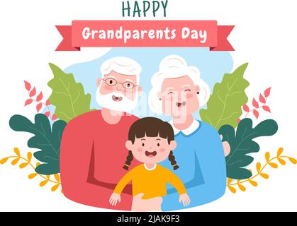 Happy Grandfants Day mignon dessin animé Illustration avec petit-enfant, couple plus âgé, Décoration de fleurs, grand-père et grand-mère à plat pour affiche Illustration de Vecteur