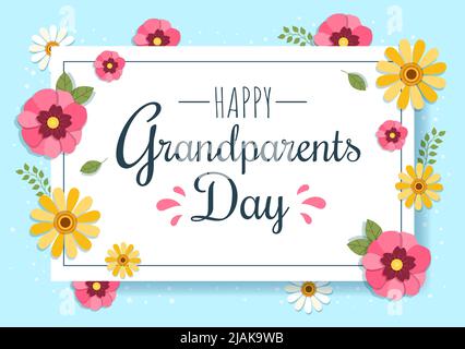 Joyeux grand-parents de jour joli dessin animé Illustration avec décoration de fleur et Calligraphie de style plat pour le fond d'affiche ou de carte de voeux Illustration de Vecteur