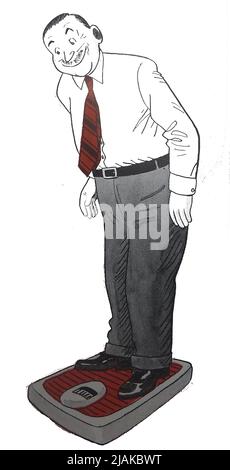Une caricature des années 1940 d'un homme qui se pesait, entièrement vêtu, sur un pèse-personne Banque D'Images
