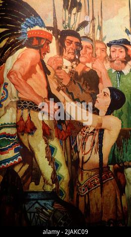 Une illustration des années 1940 - Pocahontas supplie son père le chef Powatan (ou Powhatan) pour la vie de John Smith Banque D'Images