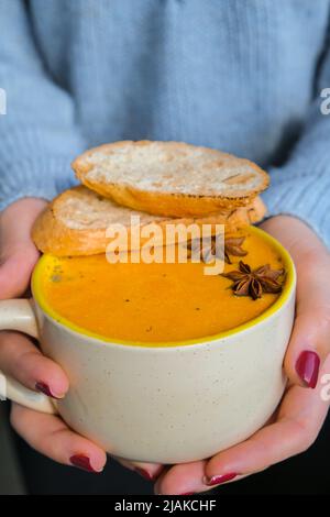 Femme tenant une soupe épicée à la carotte et au gingembre maison. Soupe traditionnelle de citrouille de saison à la texture soyeuse crémeuse. Saine alimentation végétalienne propre. Préc Banque D'Images