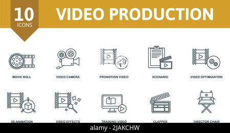 Icône de série de production vidéo. Contient des illustrations de production vidéo telles qu'une caméra vidéo, un scénario, une animation 3D et plus encore. Illustration de Vecteur