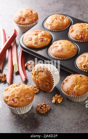 Muffins fraîchement cuits avec rhubarbe et noix de Grenoble en gros plan dans un plat de cuisson sur la table. Verticale Banque D'Images