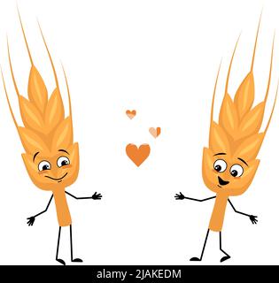 Mignonne oreille de caractère de blé avec des émotions d'amour, visage de sourire, bras et jambes. Céréales saines avec expression et posture drôles, nourriture riche en vitamines. Illustration vectorielle plate Illustration de Vecteur