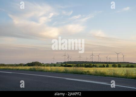 Une route asphaltée à travers le paysage de printemps du nord de l'Allemagne Banque D'Images