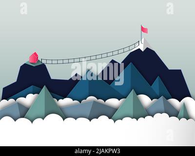 Concept commercial pour surmonter les obstacles et accepter les défis. Illustration d'un haut de montagne en papier coupé avec cabane et pont suspendu pour atteindre le m Illustration de Vecteur