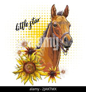 Portrait d'un beau foal et tournesols. Imprimé dessiné à la main. Illustration vectorielle avec cheval isolé sur fond blanc. Pour le dépôt de tee-shirts Illustration de Vecteur