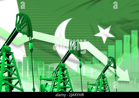 Concept de l'industrie pétrolière du Pakistan, illustration industrielle - diagramme descendant sur fond de drapeau pakistanais. 3D Illustration Banque D'Images