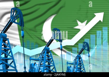 Concept de l'industrie pétrolière du Pakistan, illustration industrielle - diagramme ascendant sur fond de drapeau pakistanais. 3D Illustration Banque D'Images