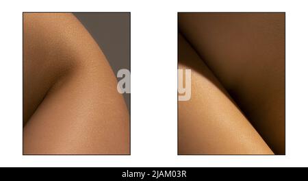 Photoset avec des images de gros plan d'une partie du corps de la femme. Texture détaillée de la peau de la femme humaine. Soins de la peau, soins du corps, soins de santé, hygiène et médecine Banque D'Images