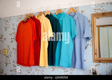 Une rangée colorée de t-shirts/polos fraîchement lavés pour hommes est accroché à un rail photo dans une chambre. Banque D'Images