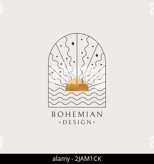 Logo boho. Conception bohème à vecteur isolé avec vagues de soleil et d'océan. Emblème tendance à la texture dorée. Illustration de Vecteur