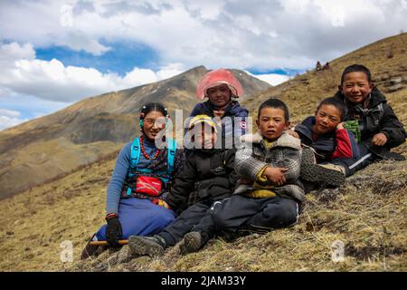 NAGQU, 31 mai 2022 (Xinhua) -- Herdswoman Qime Garde (1st L) pose pour une photo avec les enfants locaux tout en récoltant le champignon de la chenille dans le comté de Biru de Nagqu, dans le sud-ouest de la Chine, la région autonome du Tibet, 25 mai 2022. Sur la prairie de plus de 4 700 mètres au-dessus du niveau de la mer dans le comté de Biru, les bergers sont occupés à chasser le champignon de la chenille au moment de la récolte. Le comté de Biru est un site clé de la fabrication de champignons caterpillar, un ingrédient coûteux de la médecine traditionnelle chinoise. Trouvé seulement à haute altitude, le champignon, connu en Chine sous le nom de 'herbe d'été de ver d'hiver', est dit être efficace dans b Banque D'Images