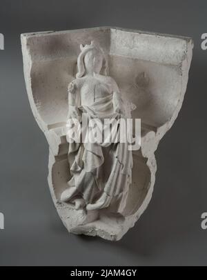 Notre Dame et notre enfant adorés par quatre anges jouant (fragment mère de Dieu) dans la clé de la fenêtre du mur sud de l'Absida (S E) presbytère, Basilique. Assomption de Mlle Maria (Mariacki), Cracovie Banque D'Images