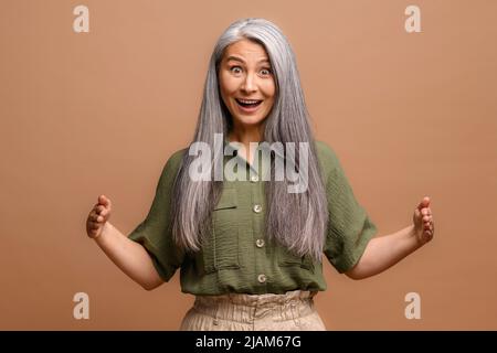Femme d'affaires sénior mature à cheveux gris montrant avec des mains de longueur, symbole de mesure isolé sur gris. Femme aînée chef d'entreprise debout et démontrant la taille de quelque chose de grand Banque D'Images