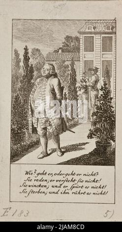 Illustration pour des mois ou les saisons au calendrier de la famille de Lauenburg pour 1778 Une allée de jardin est la marche d'un homme (Konigl. Grossbrit. Churf: Braunschw. Luneb. Généalogique Calender, on 1778 ans Lauenburg bey Georg Berenberg) Chodowiecki, Daniel Nikolaus (1726 1801) Banque D'Images