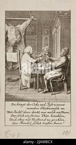 Illustration pour les mois ou les saisons pour le calendrier de la famille Lauenburg pour 1778 trois hommes avec des lunettes dans leurs mains sont assis à la table (Konigl. Grossbrit. Churf: Braunsch. Luneb. Calender généalogique, le 1778 ans Lauenburg Bey Joh. Georg Berenberg ), Daniel Nikolaus (1726 1801) Banque D'Images