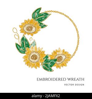 Couronne fleurie à broderie de tournesol fabriquée à la main par l'Ukraine. Illustration vectorielle Illustration de Vecteur