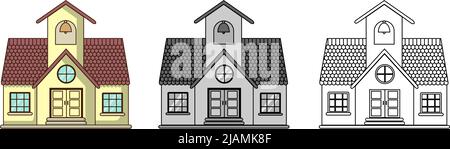 Motif église mignonne. Illustration vectorielle graphique couleur, monochrome et linéaire isolée sur fond blanc Illustration de Vecteur