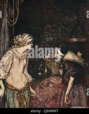 Enfin elle est arrivée à la cave, et là elle a trouvé une vieille femme avec une tête secouée de l'histoire ' LE BRIDEGROOM de VOLEUR ' du livre ' les contes de fées des Frères Grimm ' illustré par Arthur Rackham Banque D'Images