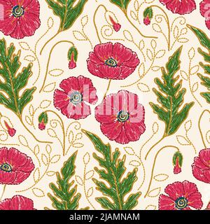 Broderie de fleurs de pavot - motif ukrainien sans couture. Illustration vectorielle Illustration de Vecteur