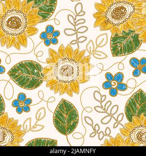 Fleurs de tournesol brodées - motif ukrainien sans couture. Illustration vectorielle Illustration de Vecteur