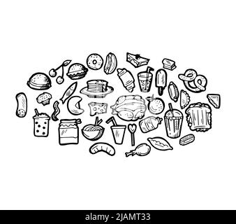 Ensemble d'aliments sous forme d'ellipse. Petits pains et plats à base de viande. Contour du dessin à la main. Isolé sur fond blanc. Mise en plan monochrome. Vecteur Illustration de Vecteur