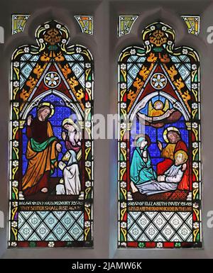 Vitraux de Frederick Preedy représentant l'élévation de Lazarus et la mort de Saint Joseph, de l'église de la Toussaint, de l'église de Lench, du Worcestershire Banque D'Images