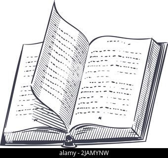 Livre ouvert dessiné à la main. Bloc-notes de croquis avec texte, dictionnaire vintage ou encyclopédie gravure de style bibliothèque ou librairie, éducatif ou d'apprentissage Illustration de Vecteur