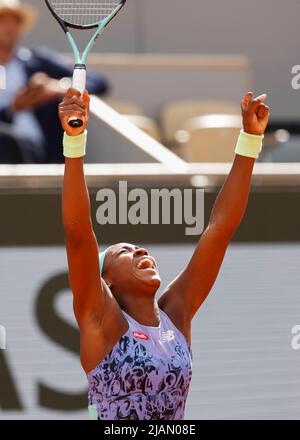 Paris, France, 31st. Mai 2022. COCO Gauff, JOUEUR DE tennis AMÉRICAIN, fête au tournoi de tennis de Roland Garros en 2022, le mardi 31 mai 2022. © Juergen Hasenkopf / Alay Live News Banque D'Images