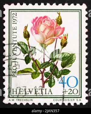 SUISSE - VERS 1972 : un timbre imprimé en Suisse montre Rose, Madame Dimitriu, Floraison, vers 1972 Banque D'Images