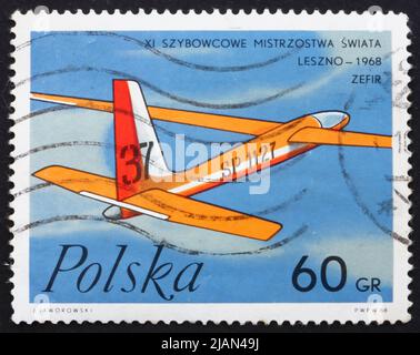 POLOGNE - VERS 1968: Un timbre imprimé en Pologne montre Zephyr, Polonais Glider, vers 1968 Banque D'Images