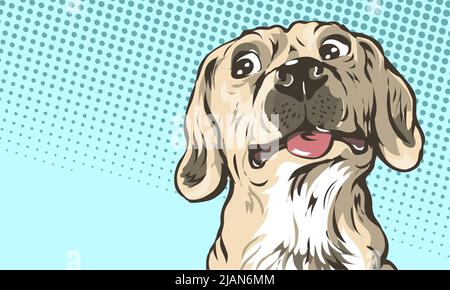 Mignon chien domestique. Portrait de la tête. Animal sympa et drôle. Un animal. Bannière pop art illustration vectorielle. Style comique dessiné à la main. Arrière-plan avec sp. Vide Illustration de Vecteur
