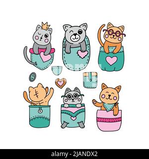 Dessin animé chat dans un ensemble de poche, collection d'illustrations pour enfants. Joli motif animal kawaii Illustration de Vecteur