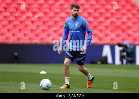 Londres, Royaume-Uni. 31st mai 2022. Jorginho de l'Italie en action pendant la formation pour Finalissima. Séance de formation de l'équipe italienne au stade Wembley le 31st mai 2022 en prévision du match de Finalissima 2022, Italie contre Argentine demain à Londres. Usage éditorial seulement. photo par Steffan Bowen/Andrew Orchard sports photographie/Alamy Live News crédit: Andrew Orchard sports photographie/Alamy Live News Banque D'Images