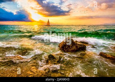 Un Voilier est la voile le long de l'océan contre UN haut en couleur Océan coucher de soleil ciel dans le format de peinture d'illustration Banque D'Images