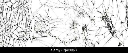 Fissures sur la vitre, effet d'un écran de smartphone cassé. Ensemble de 4 photos sur fond blanc Banque D'Images