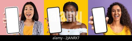 Ensemble de jolies femmes multiethniques montrant des téléphones cellulaires, mockup Banque D'Images