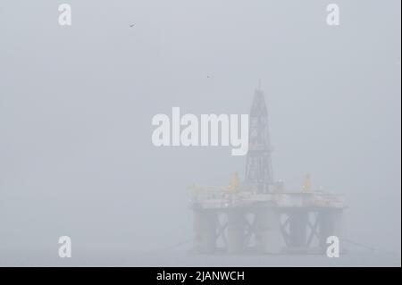 Aujourd'hui a été assez lamentable. Nuageux, humide, brumeux et brouillard. J'ai bien aimé l'effet qu'il a eu sur les engins de forage dans le Cromarty Firth quand je p Banque D'Images