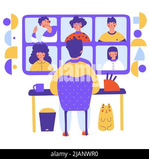 Chat vidéo de travail, illustration vectorielle de dessin animé plate. Conférence d'affaires. Communication numérique. Travail à distance. Concept de communication. Appel vidéo illus Illustration de Vecteur