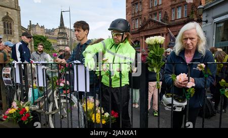 Édimbourg, Écosse, Royaume-Uni, 31 mai 2022. Les cyclistes et d'autres se rassemblent dans le West End pour se souvenir de Zhi min Soh, décédé tragiquement il y a 5 ans, et pour rappeler au conseil local la nécessité d'une infrastructure sûre. Credit sst/alamy Live news Banque D'Images