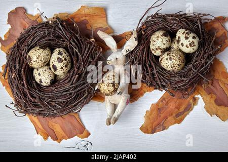 Lièvres et œufs de caille en peluche dans les nids sur fond de bois blanc. Concept de Pâques Banque D'Images