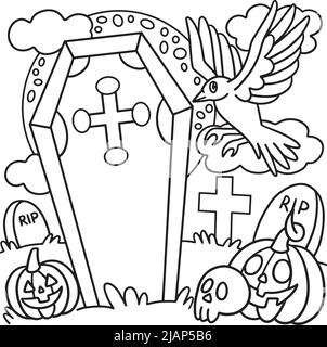 Corneilles dans Un cimetière Halloween coloriage page Illustration de Vecteur