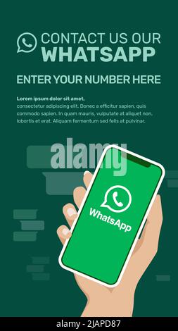 modèle de fortmat vertical whatsapp pour Stories. Contactez-nous sur notre numéro d'application Whats. Illustration d'une femme tenant un téléphone avec un logotype. Illustration de Vecteur