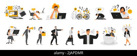 Professionnel syndrome de brunissage jeu plat agressif ou épuisé hommes et femmes caractères fatigués de travail isolé illustration de vecteur Illustration de Vecteur