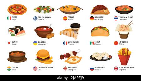 Drapeaux du monde de cuisine avec icônes de drapeau de pays isolé avec texte attaché à l'illustration vectorielle de plats servis images Illustration de Vecteur