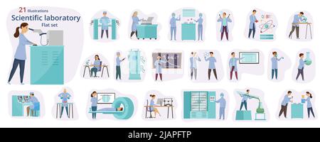 Compositions de laboratoire avec icônes plates d'appareils de laboratoire et personnages humains de scientifiques dans une illustration vectorielle uniforme Illustration de Vecteur